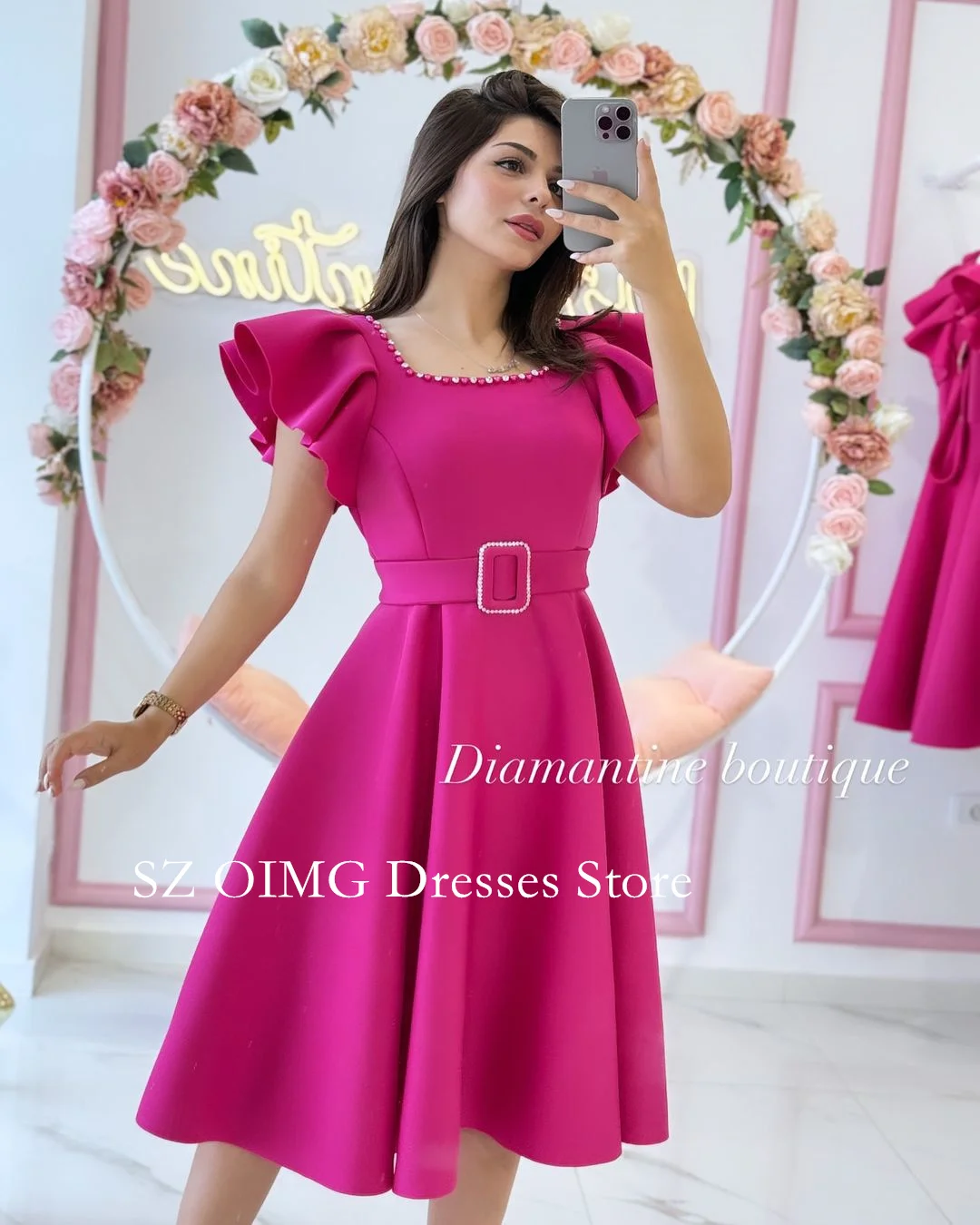 

OIMG 2024 New Summer Women's Maxi Fuchsia Crepe Satin Prom Dress Ruffles Sleeves Fashion Celebrity Square Neck Party Dress