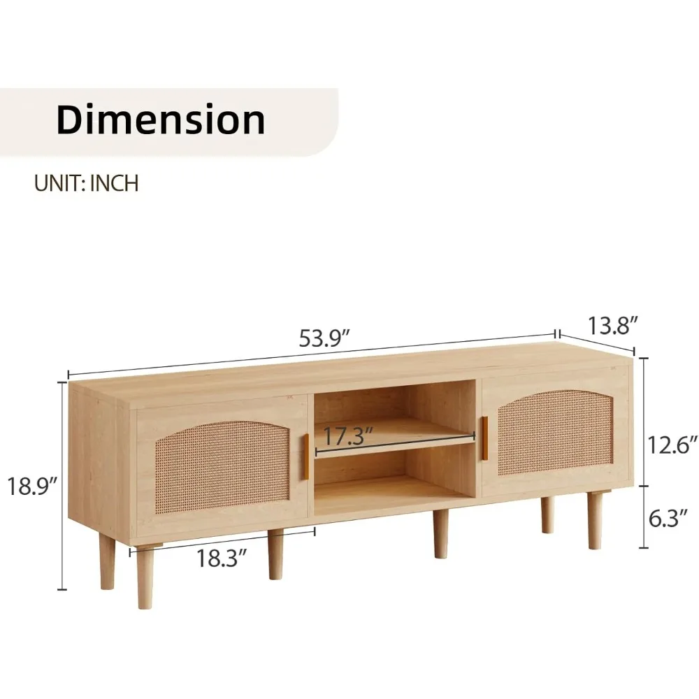حامل تلفزيون، وحدة تحكم تلفزيون وسائط للتلفزيون حتى 60 بوصة، مركز ترفيه مخدد مع بابين بتصميم روطان، وخزانة تلفزيون بأرجل خشبية و #2