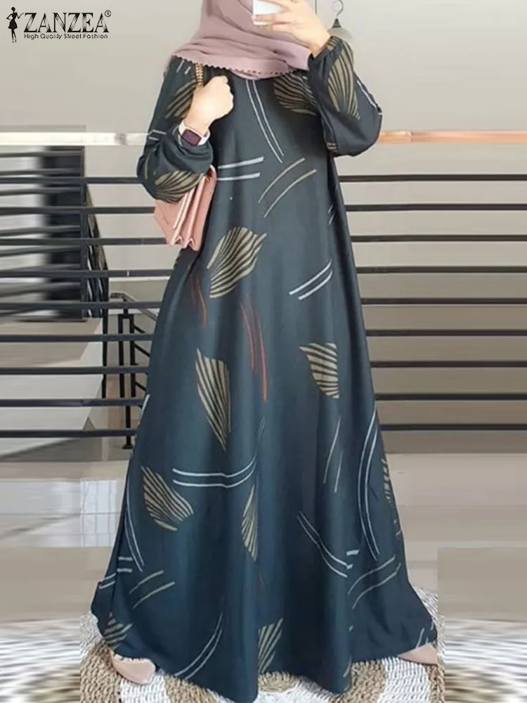 

ZANZEA Casual Leaves Printing Maxi Dress Women Muslim Fashion Long Sleeve O Neck Abaya Vestidos Spring Baggy Long Robes Kaftan