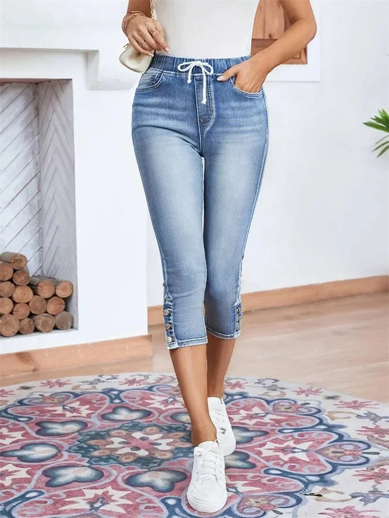 Fashion Trouser Legs Button Decoration Seven-quarter Trousers Women Elasticated Waist Lace-up Pencil Jeans Female Denim Pants 24
