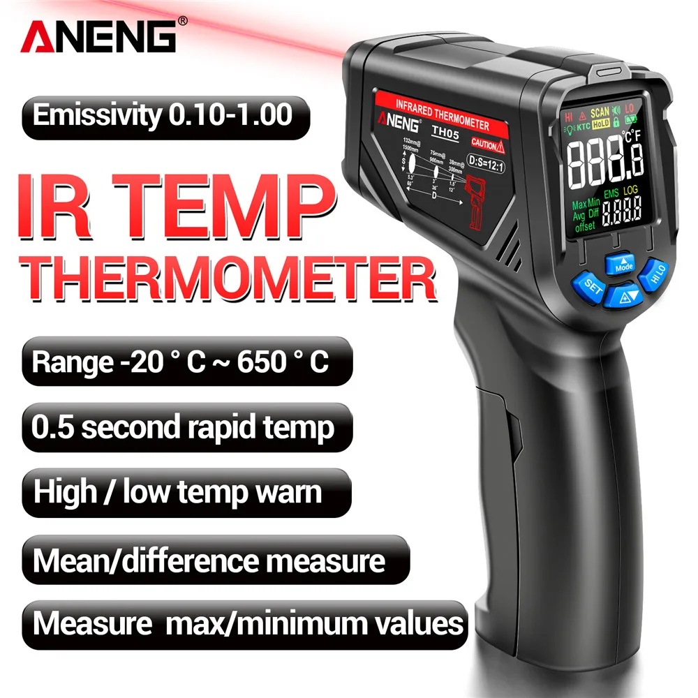 Termômetro infravermelho ANENG TH05 -20 ~ 600 ℃   Pirômetro sem contato, higrômetro de temperatura sem contato, pirômetro, higrômetro, laser IR