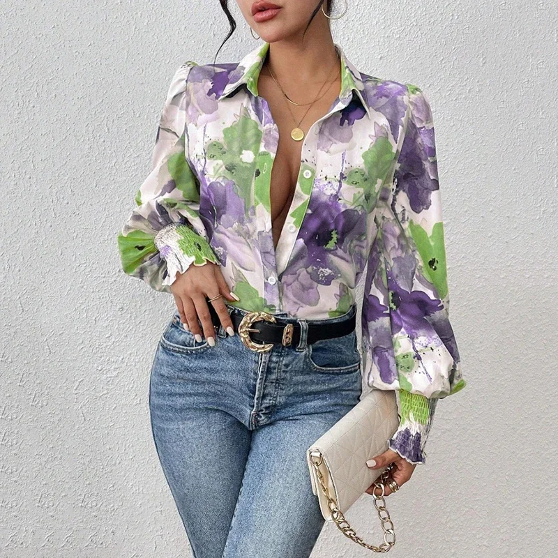 

Women's Spring Autumn New Puff Sleeve Loose Shirts Top Vintage Versatile Turn Down Collar Flower Printed Button Cardigan Shirt