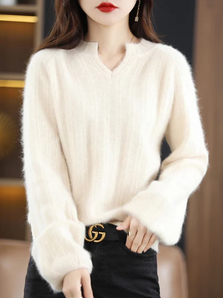 New Women 100% Mink Cashmere Sweater Small V-Neck Pullover Autumn Winter  Female Soft  Lantern Sleeves Casual Loose Fashion Tops