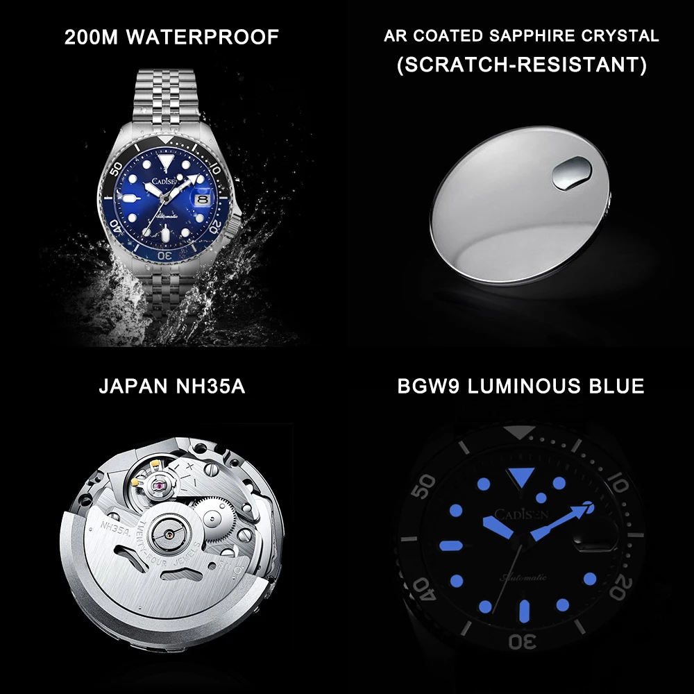 Imagem -05 - Relógio Automático de Luxo Masculino Cadisen ar Sapphire Crystal Mergulho Relógio de Pulso Mecânico Japão Nh35 Movt Ver Novo 2023