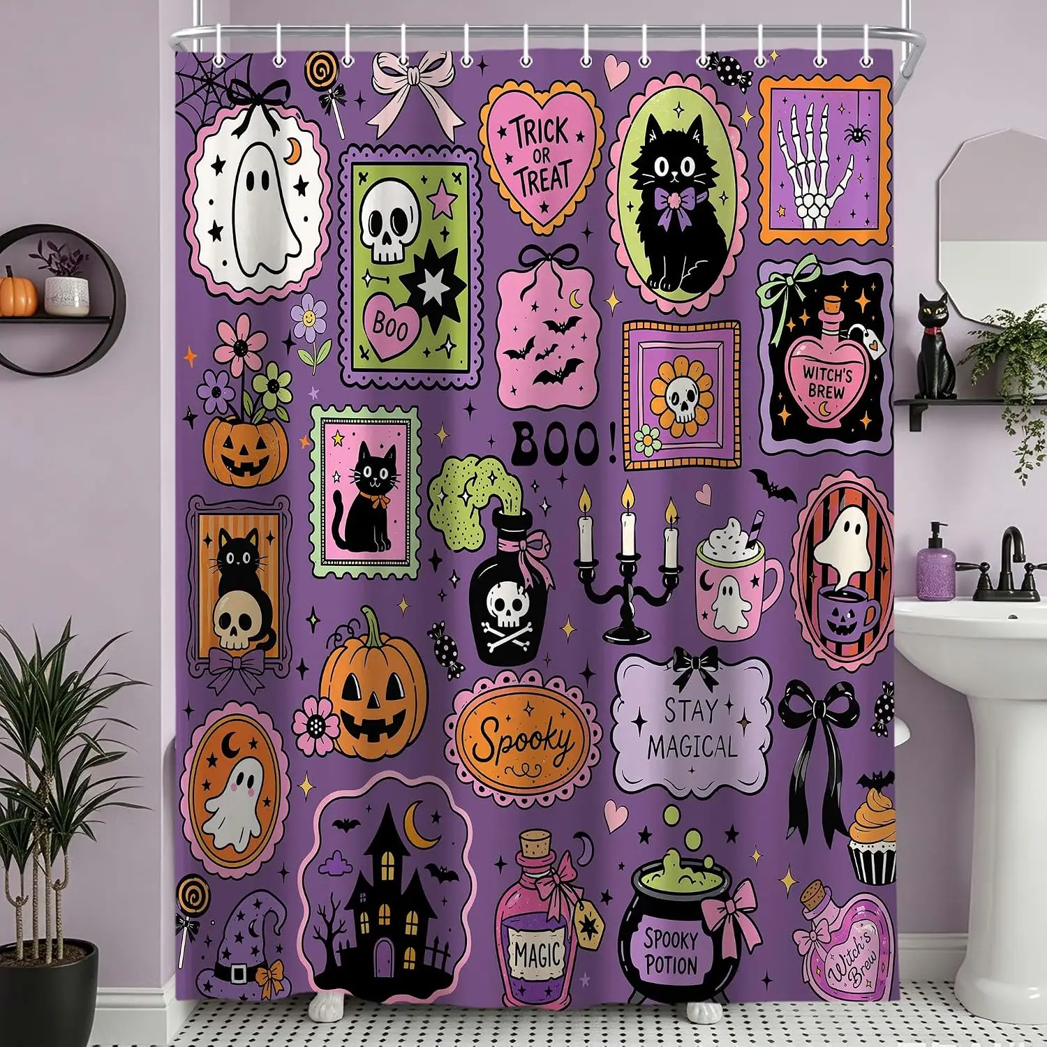 Cute Halloween Shower Curtain, Ghost Pumpkin Cat Sticker Print Waterproof Bath Curtain With Hooks For Spooky‑Fun Bathroom Decor