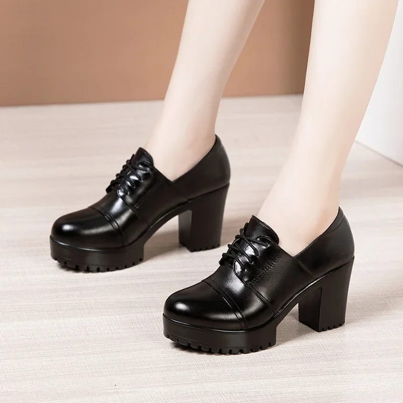 Small Size 32-43 Deep Mouth Soft Leather Shoes Women Oxfords Platform Pumps 2024 Fall Winter Block High Heels Shoes with Fur