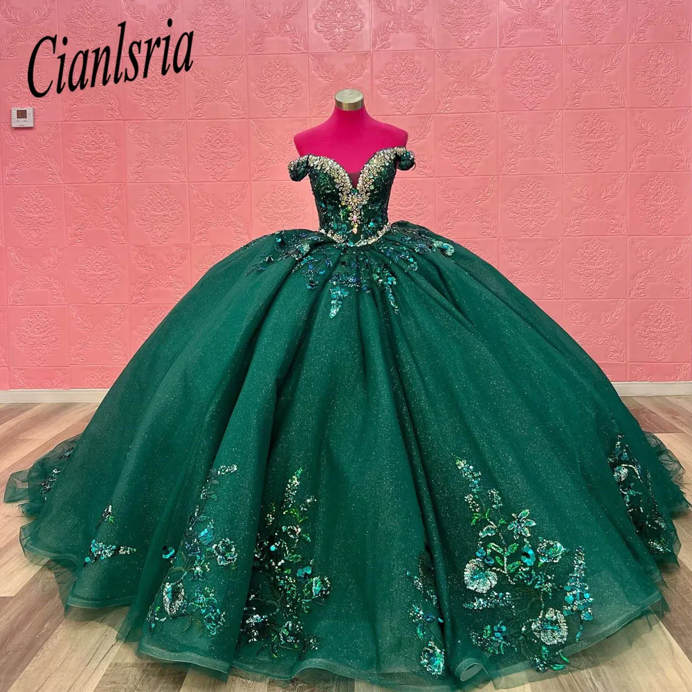 Gaun manik-manik hijau gaun pesta putri 15 tahun gaun Quinceanera gaun mewah applique Vestidos De 15 a00os