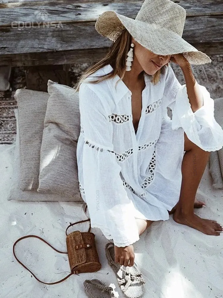 Women Summer Fashion Beach Tops Swimsuit Cover Up Summer Long Sleeve White Pocket Button Front Open Shirt Dress N648