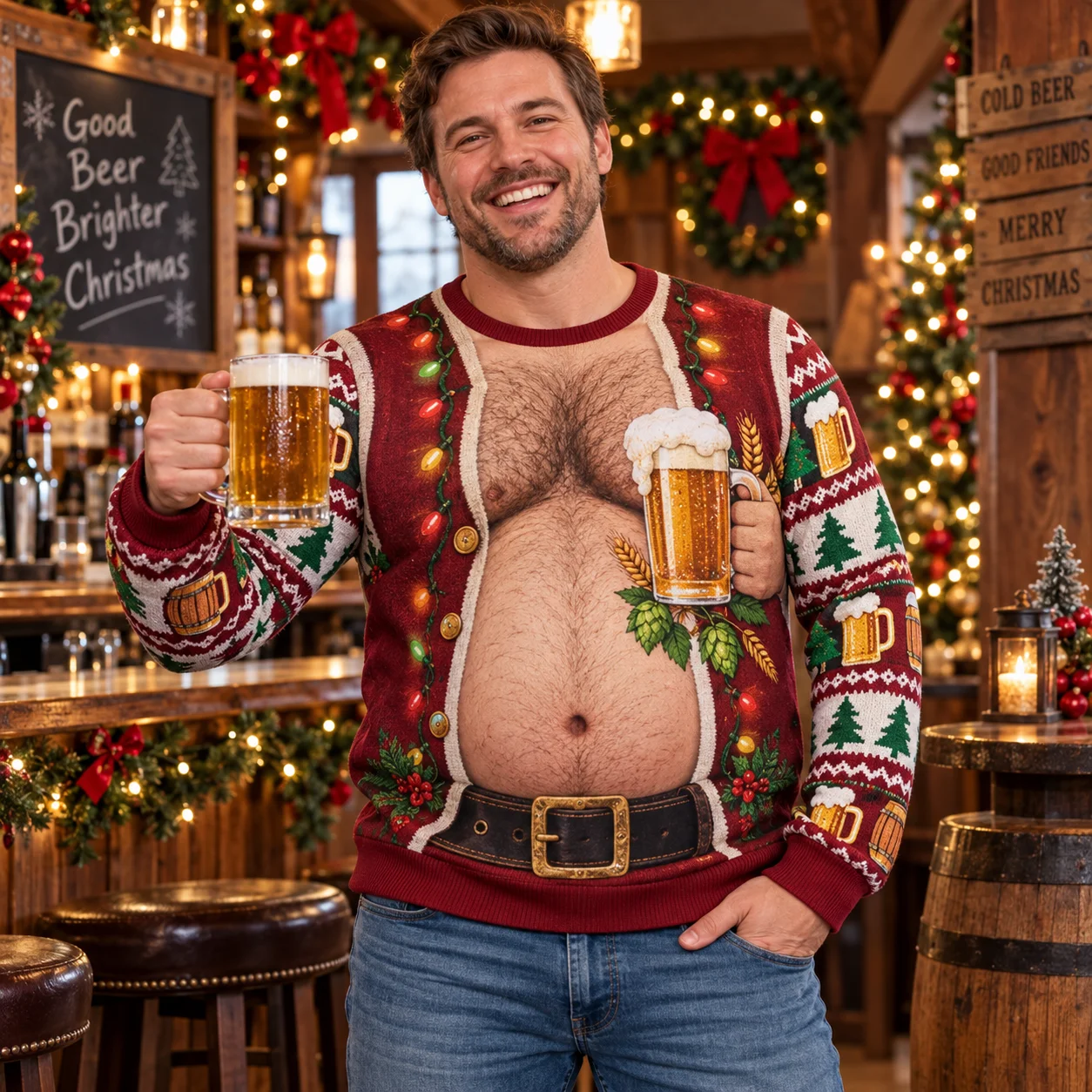 Beer Belly Dad Bod Ugly Christmas Sweater Men 3D Print Polyester Crewneck Sweatshirt Funny Pub Holiday Pullover