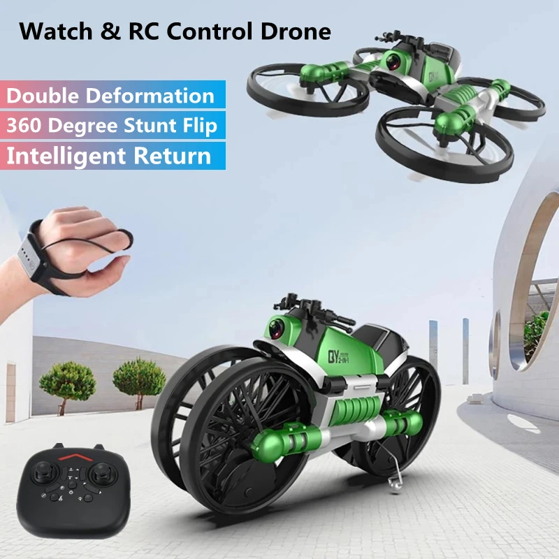 4K Watch Sensor Deformation 2To1 WIFI FPV RC Drone Motorcycle 4-Axis 3D Roll Smart Return Fixed Height Remote Control Quadcopter