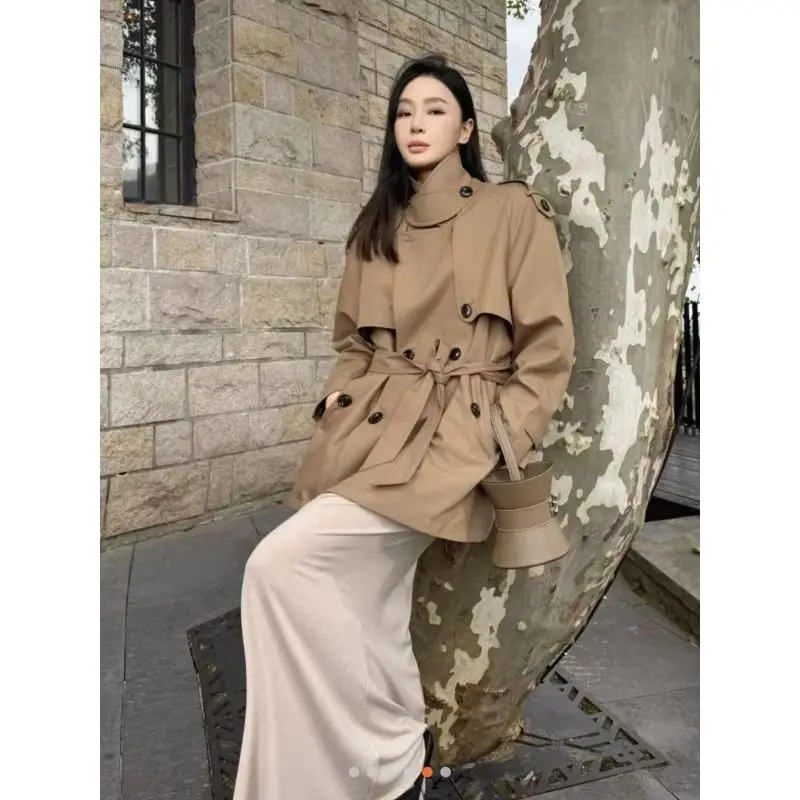 

YYAHAHAS American Fashion Khaki Windbreaker Jacket for Women 2025 New Mid Length Double Breasted Coat Female Clothing