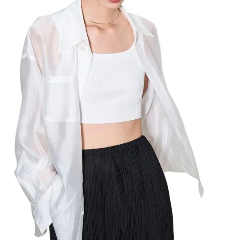

Summer Women Fashion Casual Vintage Thin Breathable Sunscreen Shirt Rayon Chest Pocket Lapel Shirt Loose Street Overshirt 2023