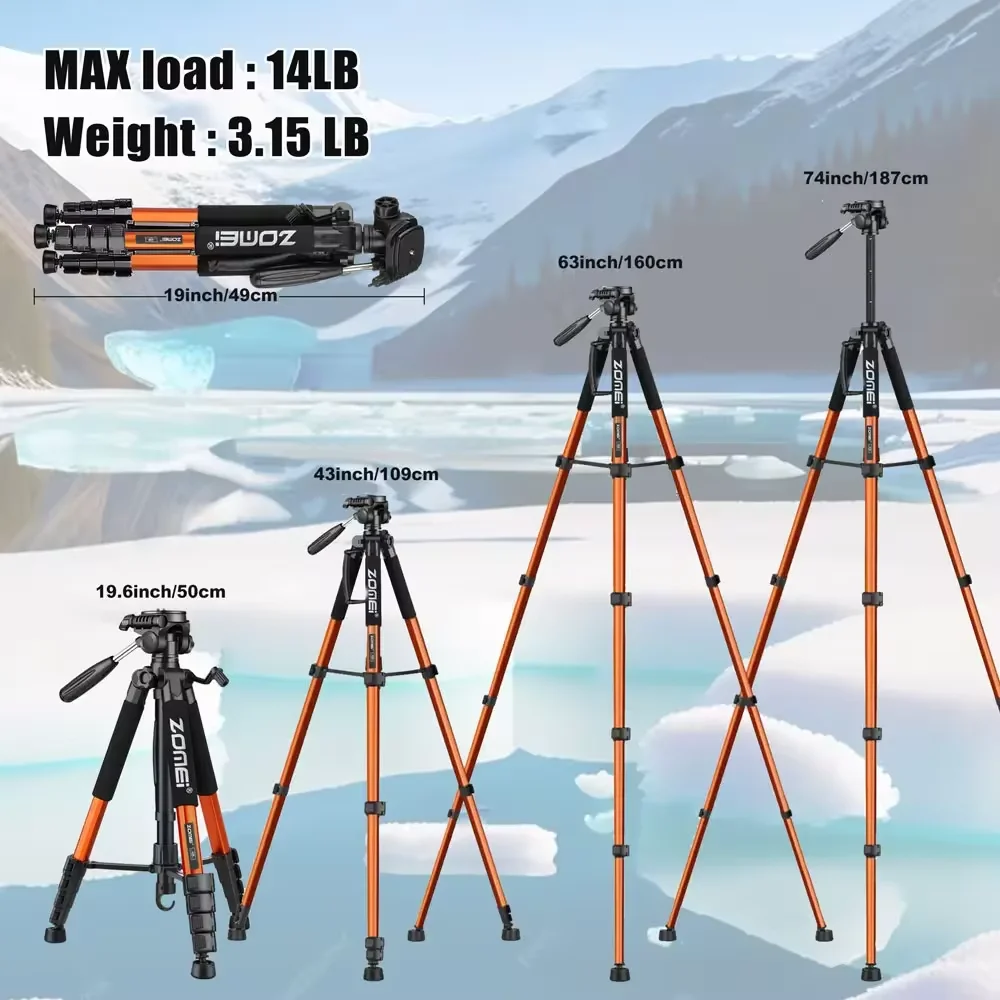 187cm/73in Tall Zomei Tripod Stand for Professional Camera Spotlight Telescope Binoculars 360° Rotatable Phone Holder for Video