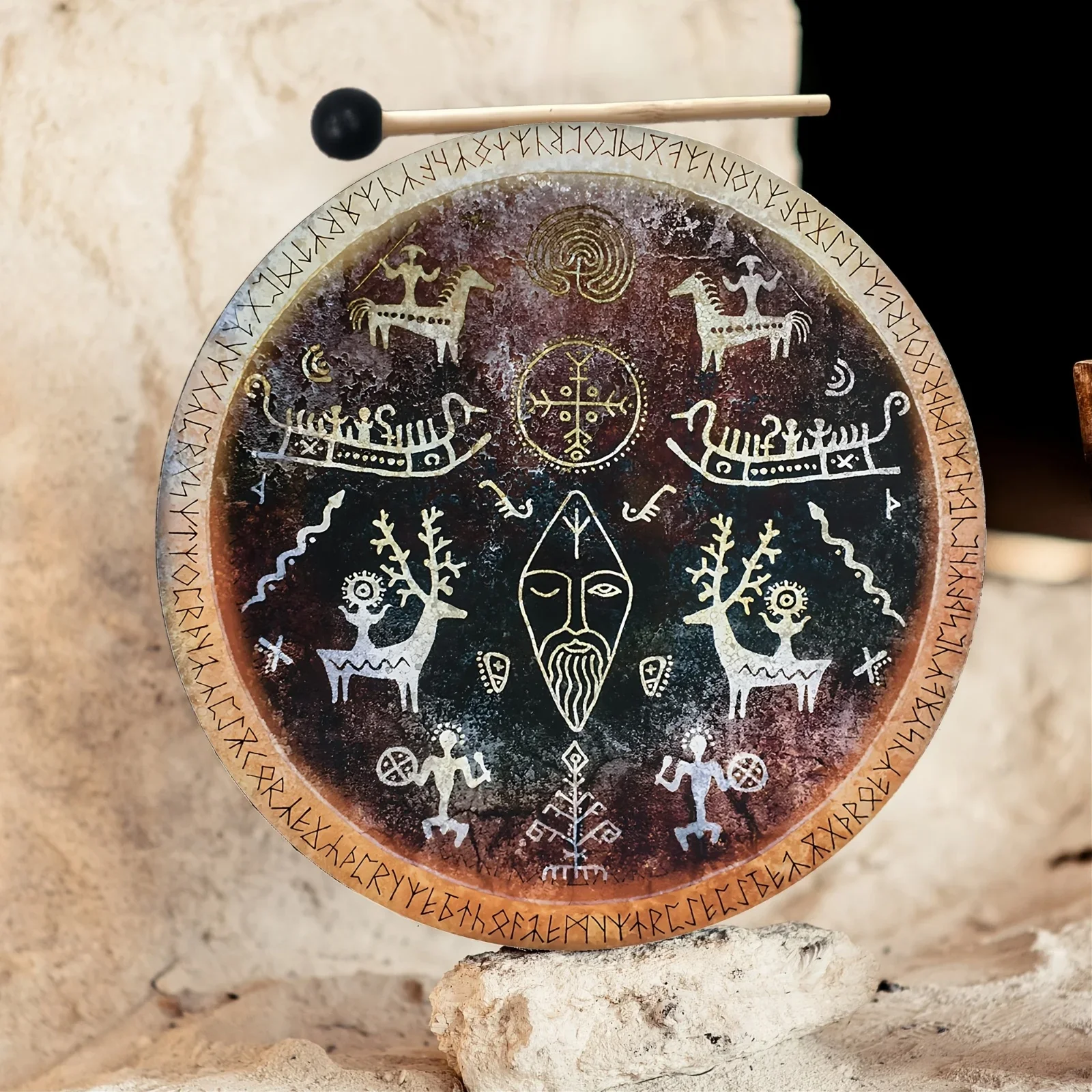 Viking Cave Drum with Handle Shamanic Rock Art Sound Healing Drum Vintage Tribal Design for Meditation Energy Healing Gift