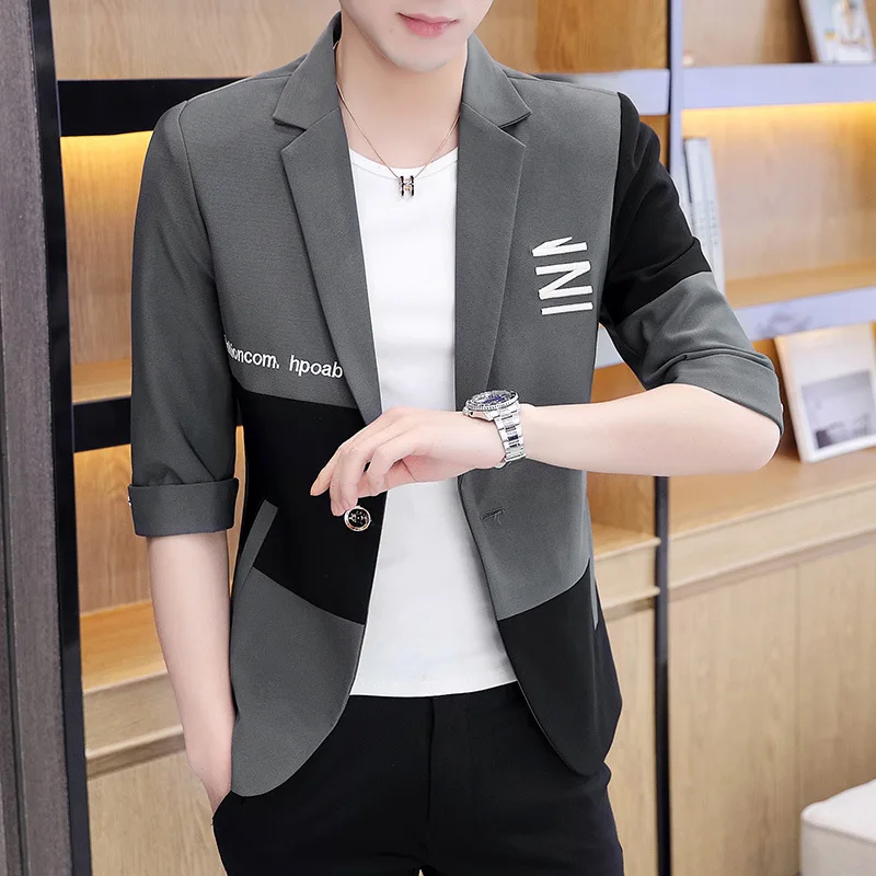 

Jane-41 Summer Seven-Sleeve Suit Jacket Men's Mid-Sleeve Small Suit Fashionable Handsome Casual Color-block Short-sleeve