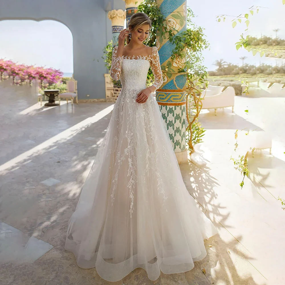 

Gorgeous Beads Appliques Wedding Dress White Exquisite O-Neck Long Sleeves A-Line Gowns Sweep Train Beach Garden Bride Dress