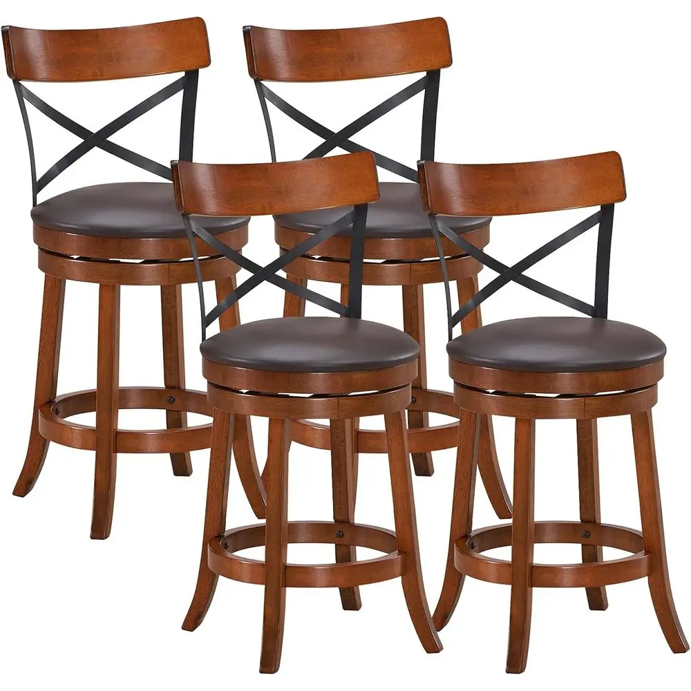 

Set of 4 Swivel Solid Wood Bar Stools with Cushion & Backrest, 25 High for Kitchen Counter or Pub Use
