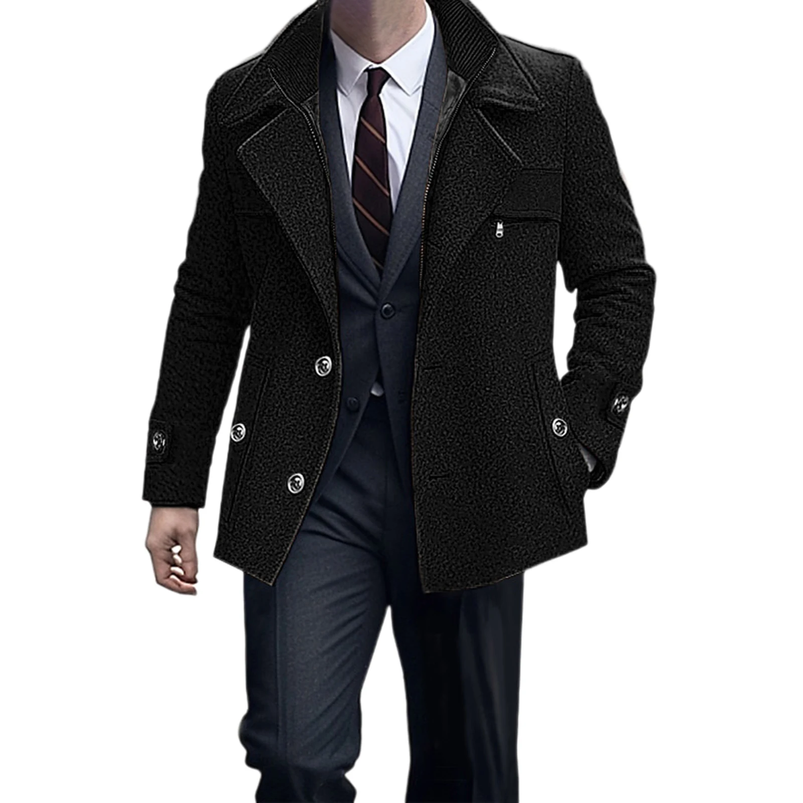 

Men’s Wool Pea Coat Winter Warm Long Sleeve Solid Color Jacket Button Down Overcoat