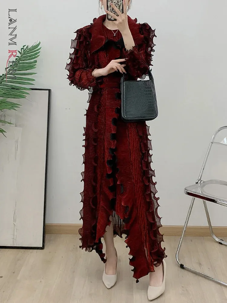 LANMREM Fungus Edge French Style Dress Set Women Pleated Ruffles Long Coat With Suspender Dress Ladies Elegant 2025 New 2DB1623