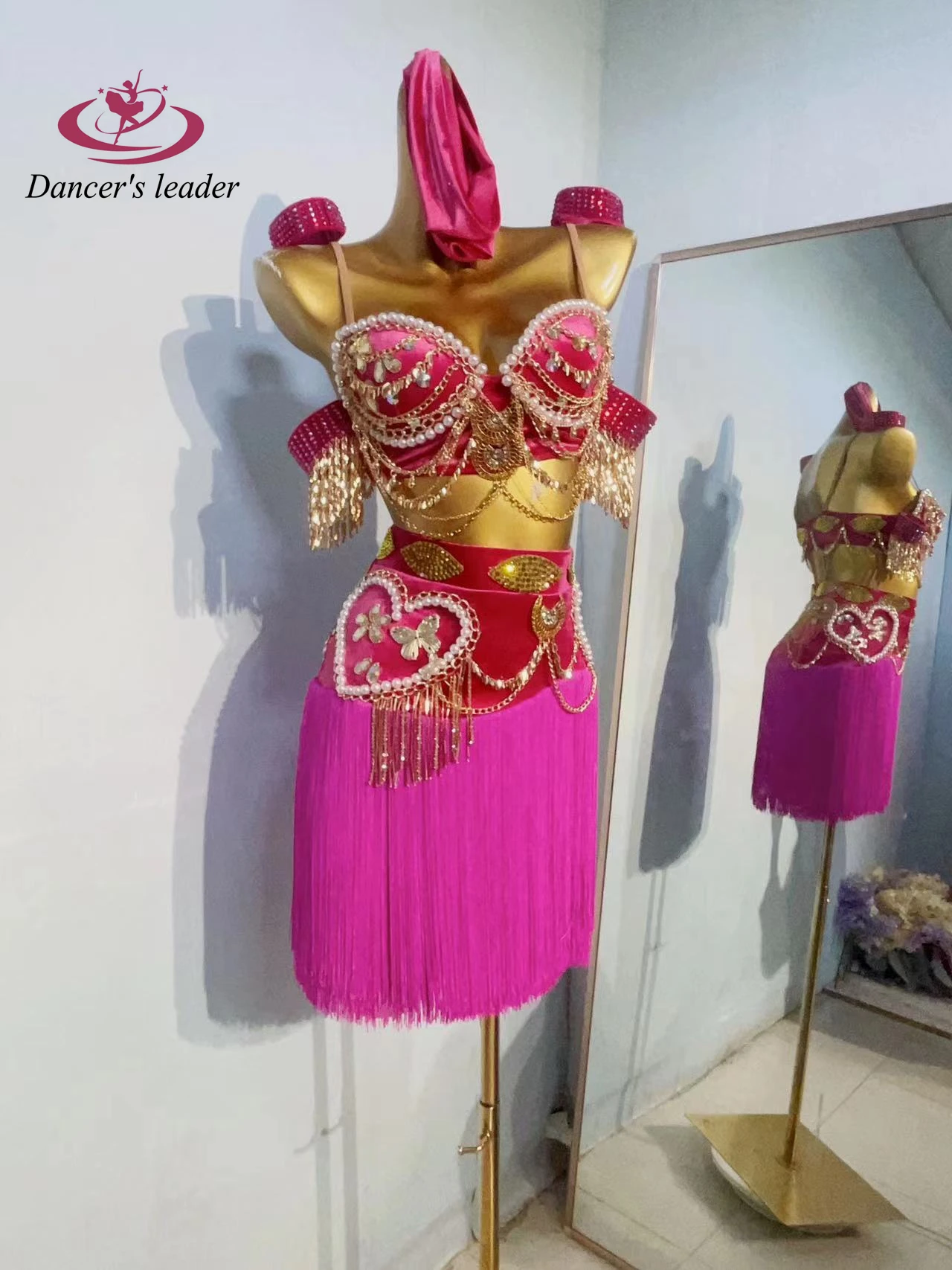 Latin Dance Costume, Rhinestone Women's Clothing, High-end Custom Pearl Bra, Tassel Skirt, Samba Dance Dress, Performance Dress