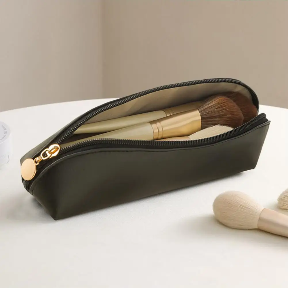 Makeup Brush Bag Portable Faux Leather Makeup Brush Holder Stylish Stationery Pouch with Zipper Closure for Travel Solid Color