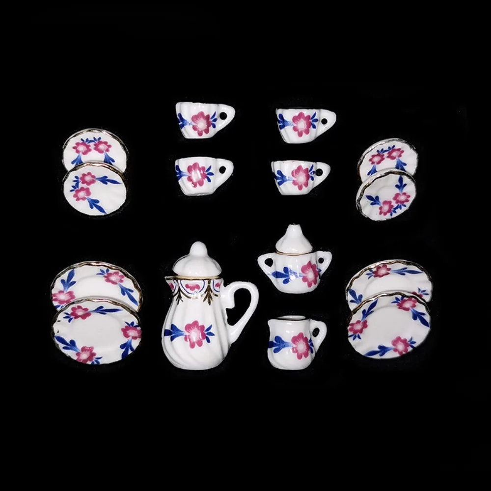 Ceramic Dollhouse Miniature Tea Set Tableware Kettle Doll House Cup Model Set Tray Flower Miniature Porcelain Tea Cup Set