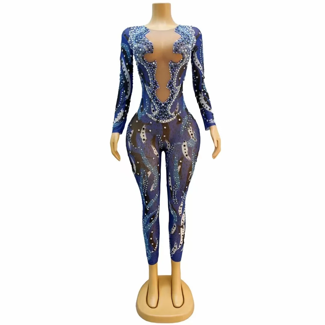 

Flashing Blue Pearls Rhinestones StretchJumpsuit Dance Sexy Outfit Stage Wear Nightclu Performance Prom Party Costume C216