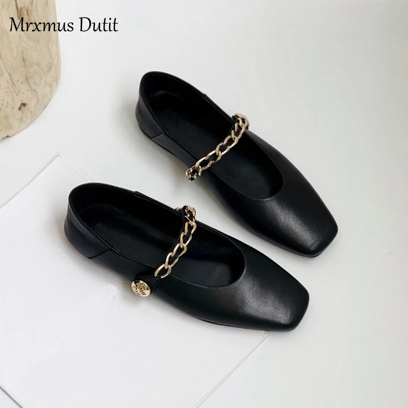 Mrxmus Dutit 2024 Autumn New Genuine Leather Flats Women Square Head Shallow Mary Jane Shoes Elegant Simple Versatile Female