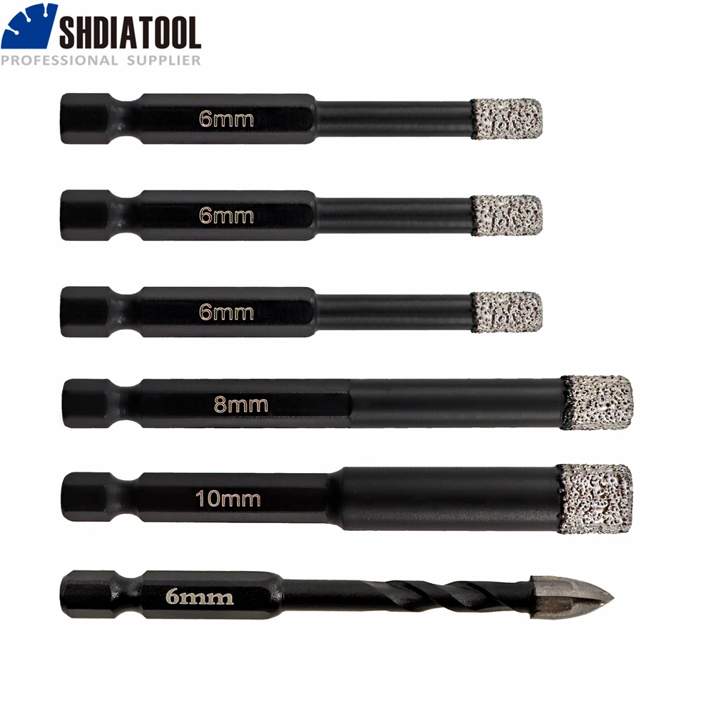 

SHDIATOOL 6pcs/Set Diamond Drill Bits Set Dia6/6/6/8/10mm Core Bits+6mm Positioning Hole Opener Masonry Ceramic Hex Quick-Fit