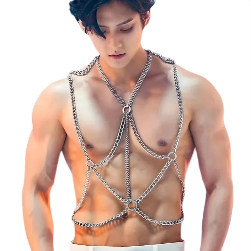 Men'S Fashion Featuring Punk Hip-Hop Street Dance with Tassels, Metallic Clothing, Collarbone Chains, Waist Chains, And Unique O