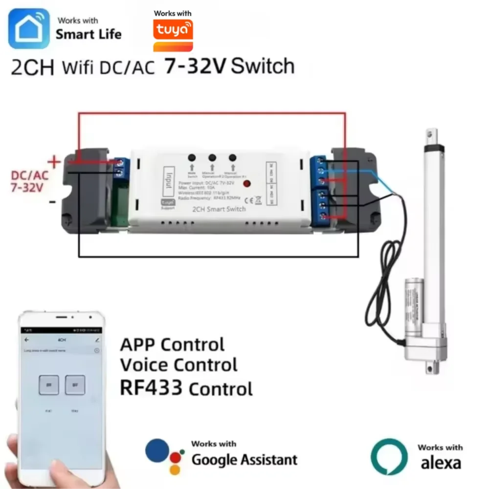 Smart Wifi Electric Actuator Motor Controller,DC AC 12V 24V 220V 2 Channel Switch,RF433 Pulse Module Relay Works with Tuya Alexa