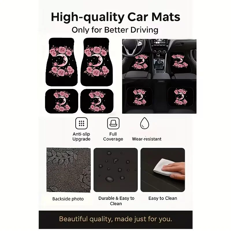 4Pcs Pink Rose Moon Black Car Floor Mats Gothic Floral Style Anti-slip Waterproof Foot Liners Auto Interior Accessories Suit SUV view 3