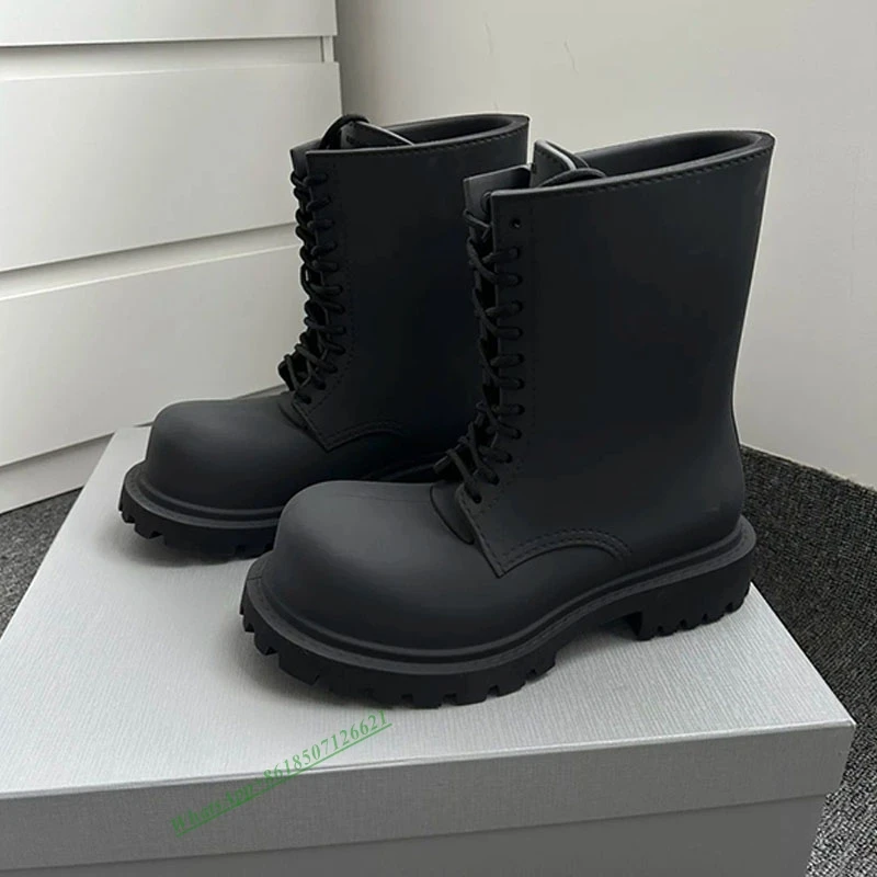 

2023 New High -Top Black Thick Bottom Mid-Calf Boots Unisex Cross Strap Short Boots