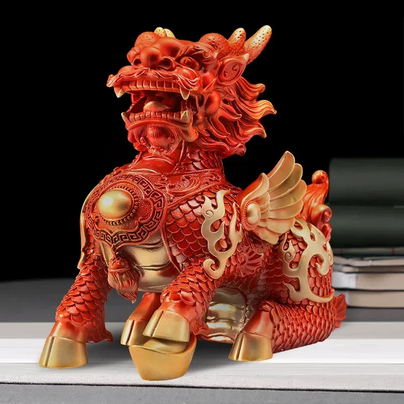 Lucky Red Fire Kirin Copper Unicorn Ornaments Company Office Home Living Room Decor Crafts  1Pair Statue Sculpture