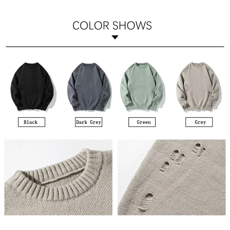 TFETTERS Brand Ripped Sweaters Male 2024 New Autumn Winter Solid Color Baggy Gray Knit Pullovers Man Fashion Vintage Clothing