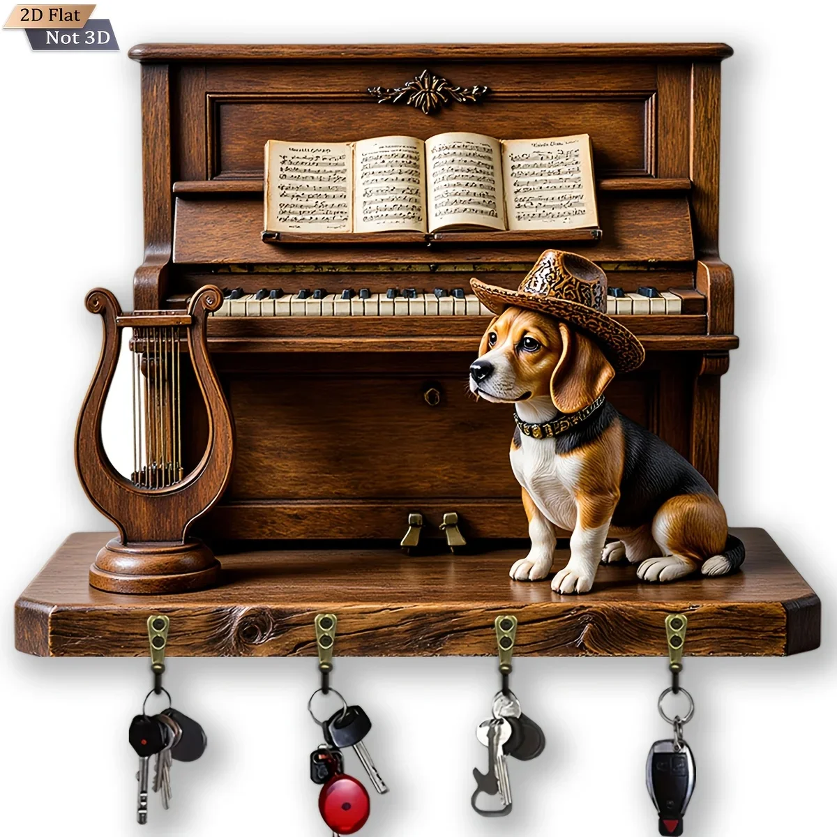 2D Flat, 1pc, Retro Music Puppy Theme Style Key Hook Wooden Multifunctional Home Key Rack with Four Metal Hooks, Wall