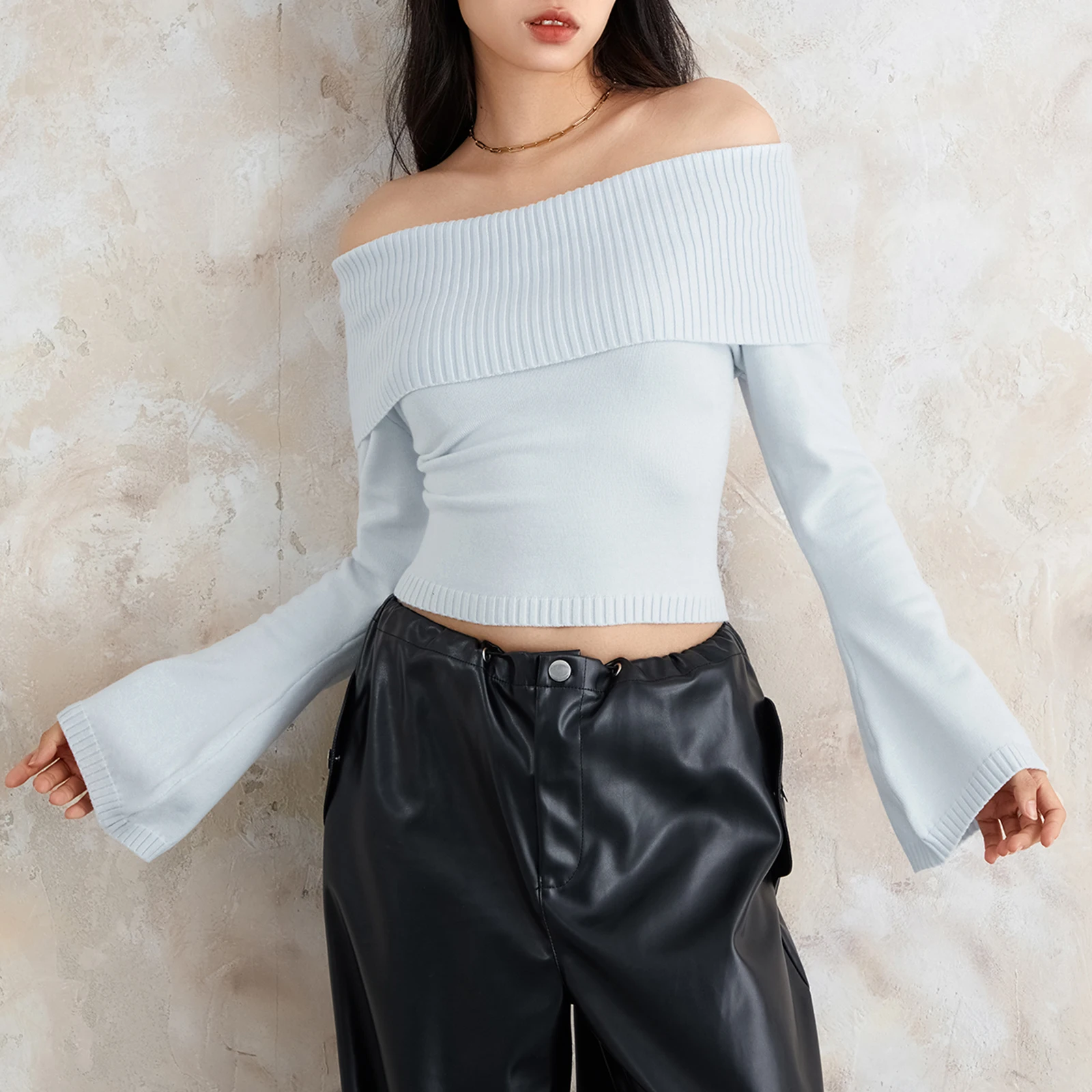 Fashion Women Slash Neck Knitted Sweaters Tops Streetwear Long Sleeve Off Shoulder Ribbed Pullovers Slim Fit Causal Jumpers