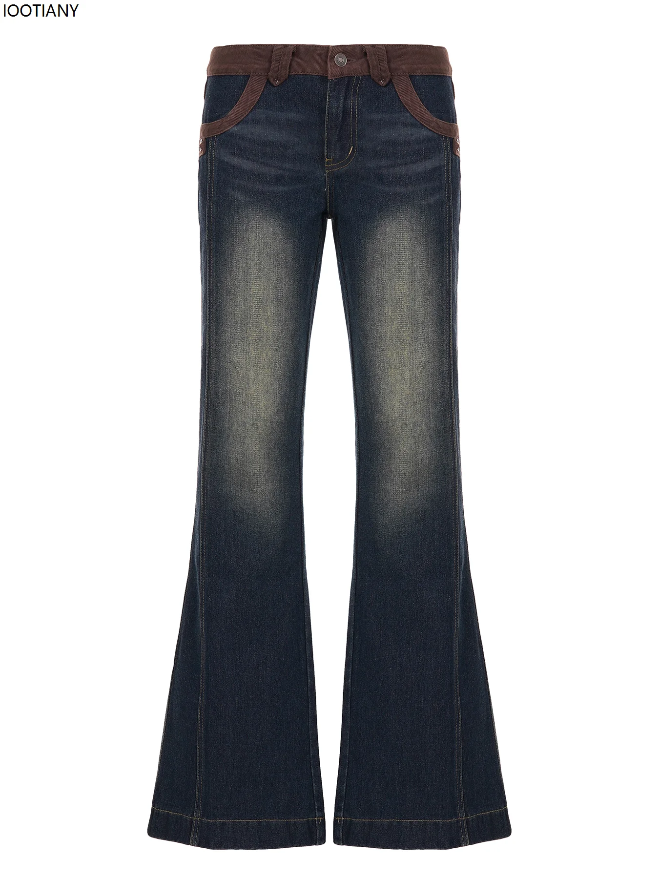 Retro Patchwork Brown Loose Jeans Classic Ladies 2000s Outfit Sexy Low Waist Slim Flared Jeans Hot Girl Y2k Aesthetic Trousers