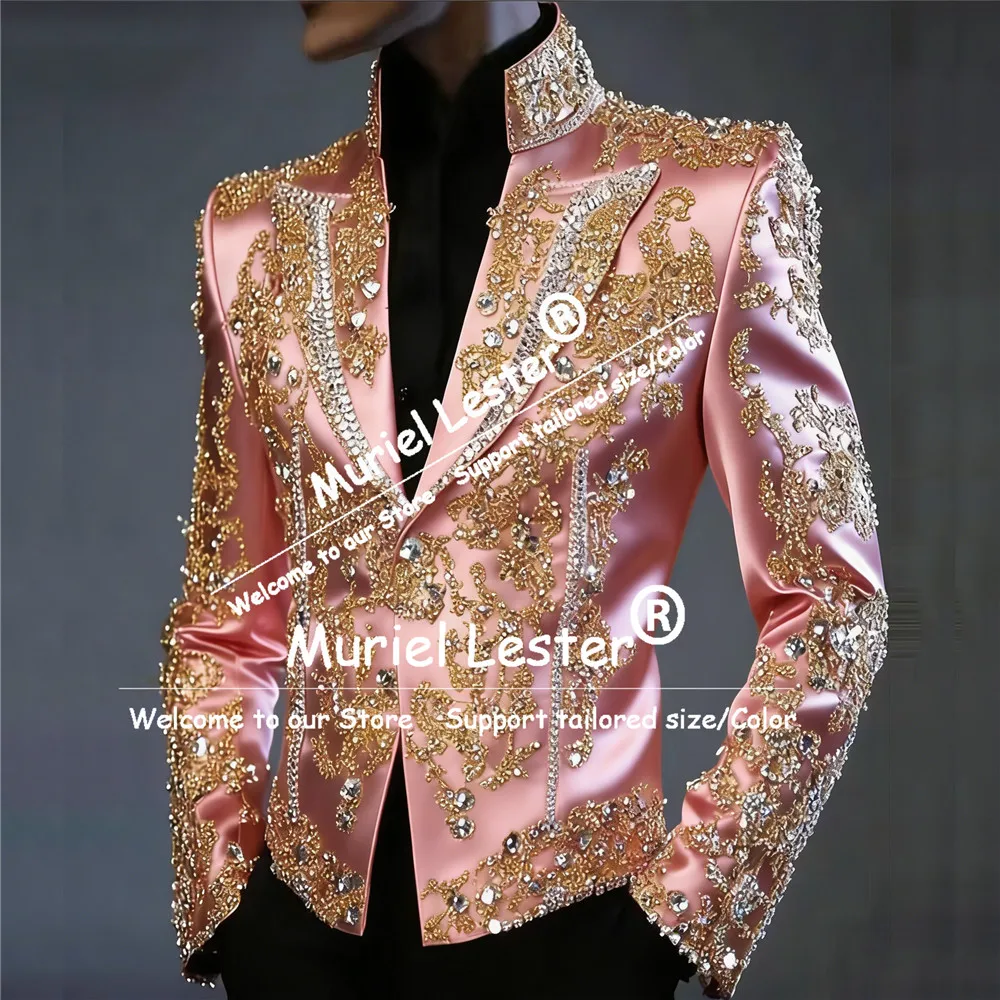 Abito da uomo con pietre con perline brillanti Giacca da uomo slim fit in raso a 2 pezzi con pantaloni in poliestere Abito da smoking da sposo personalizzato