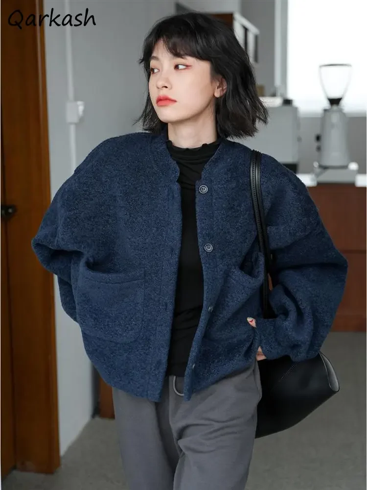 

Short Style Blends Women Pockets Baggy All-match Harajuku Soft Vintage Pure Autumn Coats Temperament Casual Ropa Mujer Aesthetic