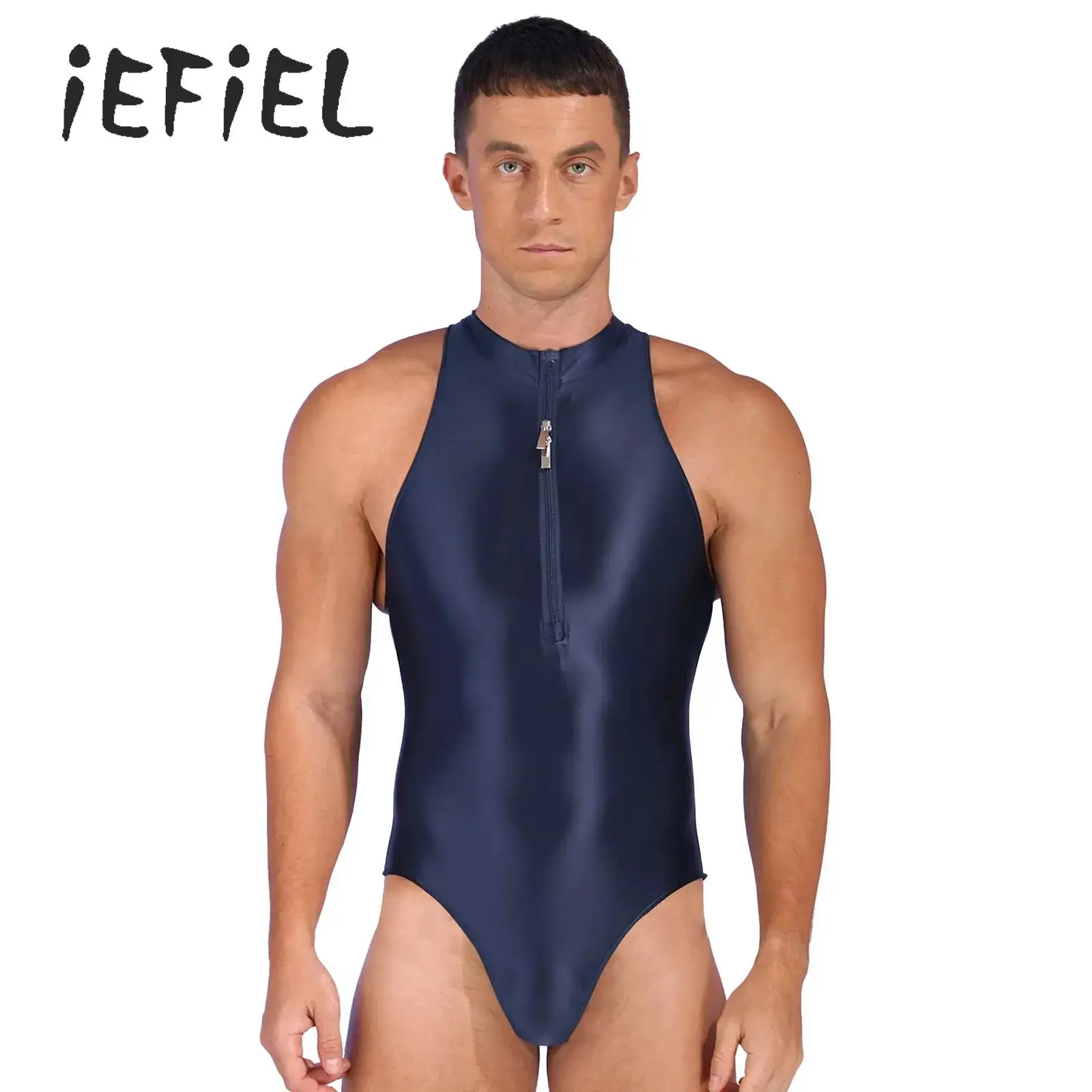 Men's One-piece Swimwear Swimsuit Oil Glossy Sleeveless Bodysuit Zip Front Leotard Swimming Bathing Suits Beachwear Clubwear