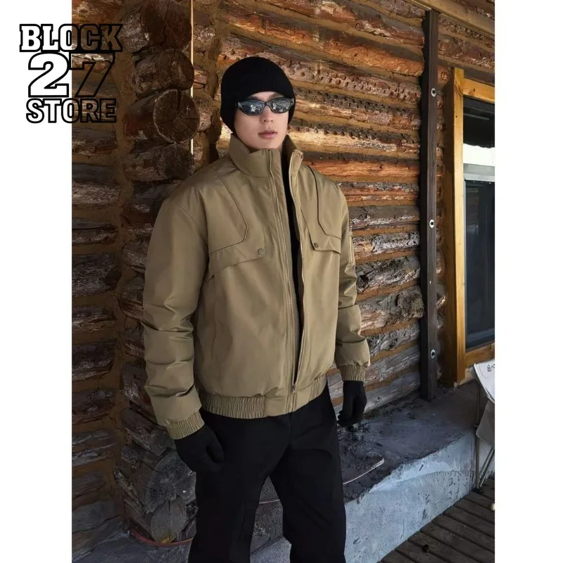 

Mens Jacket American Winter Windproof Warm Stand Collar Padded Coat Thick Loose Outdoor Three Proof Streetwear Harajuku Fashion