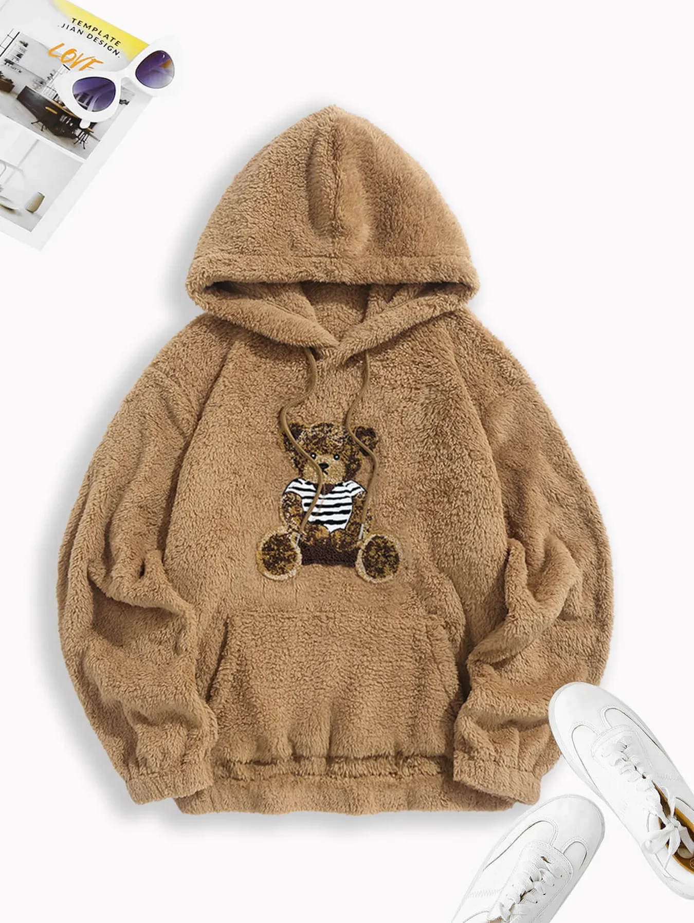 ZAFUL Herren-Pullover mit Bären-Frottee-Stickerei, flauschiger Kunstpelz-Teddy-Hoodie, Herren-Kapuzenpullover mit Kängurutasche, flauschiger Kapuzenpullover, Streetwear