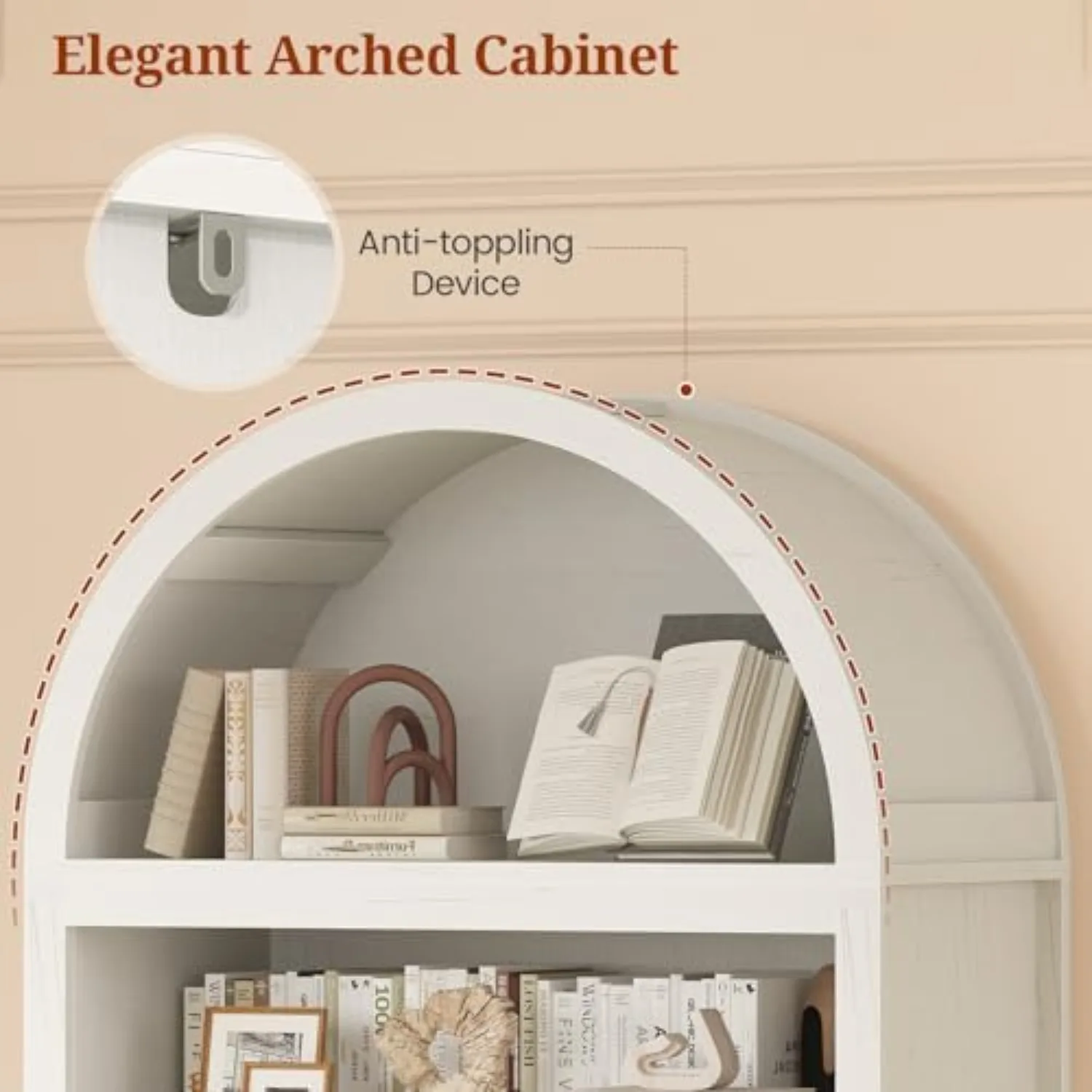 81" Tall Arched Cabinets,Bookcase with storage,Mid-Century Modern 6-Tier Bookshelf with Door,2 Book Risers and view 5