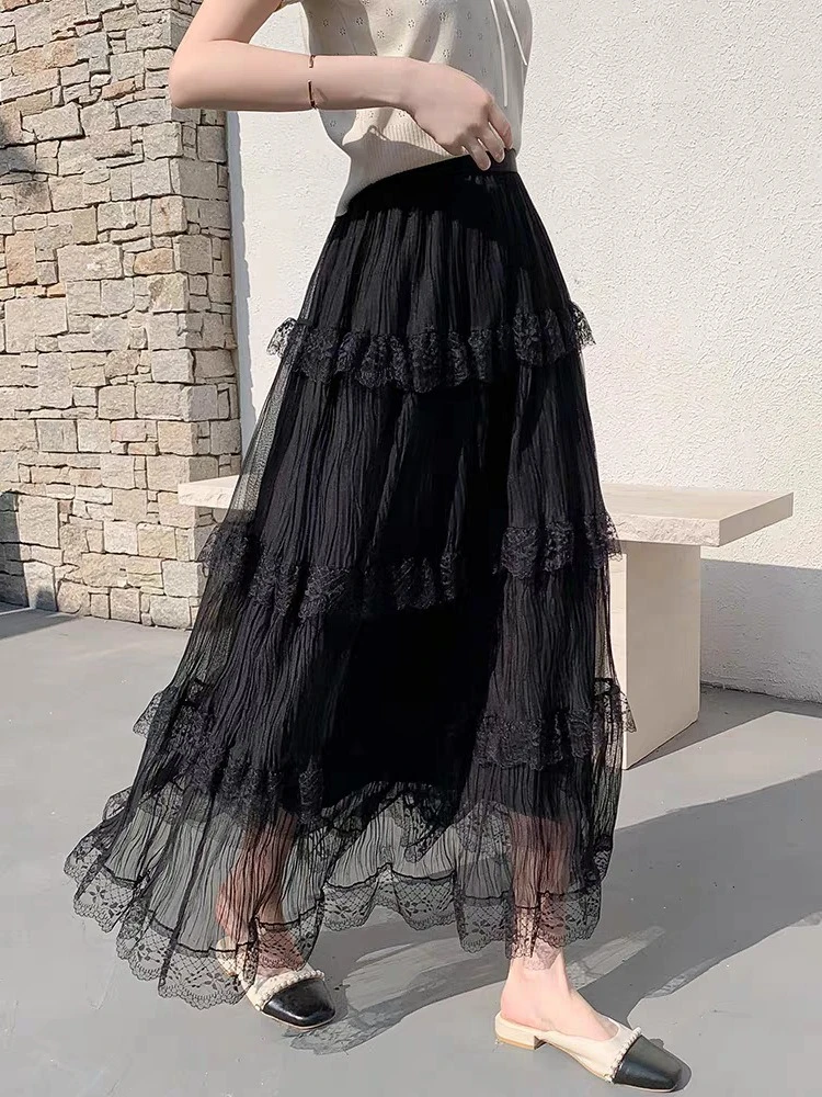 Gonna torta bianca Elegante dolce lungo oversize 2025 Estate Nuovo abito a mezza lunghezza a strati di pizzo a vita alta elastico a trapezio femminile