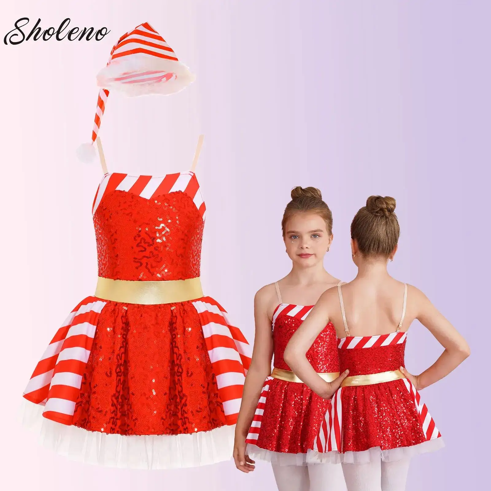 

Kids Girls Sequins Striped Tutu Dance Dress Figure Skating Dress Christmas Party Striped Candy Cane Costume Leotard Dancewer