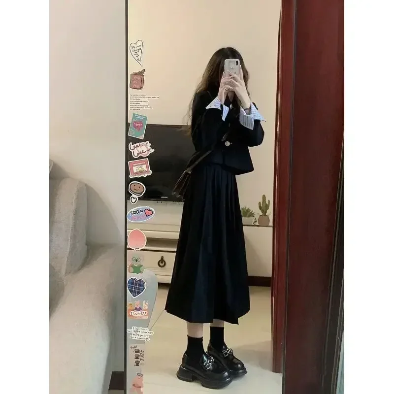 2023 Autumn Fashion Black Long Sleeved Suit Cardigan Jacket A-line Skirt 2pcs Women Korean Jk School Uniform Graduation Gown