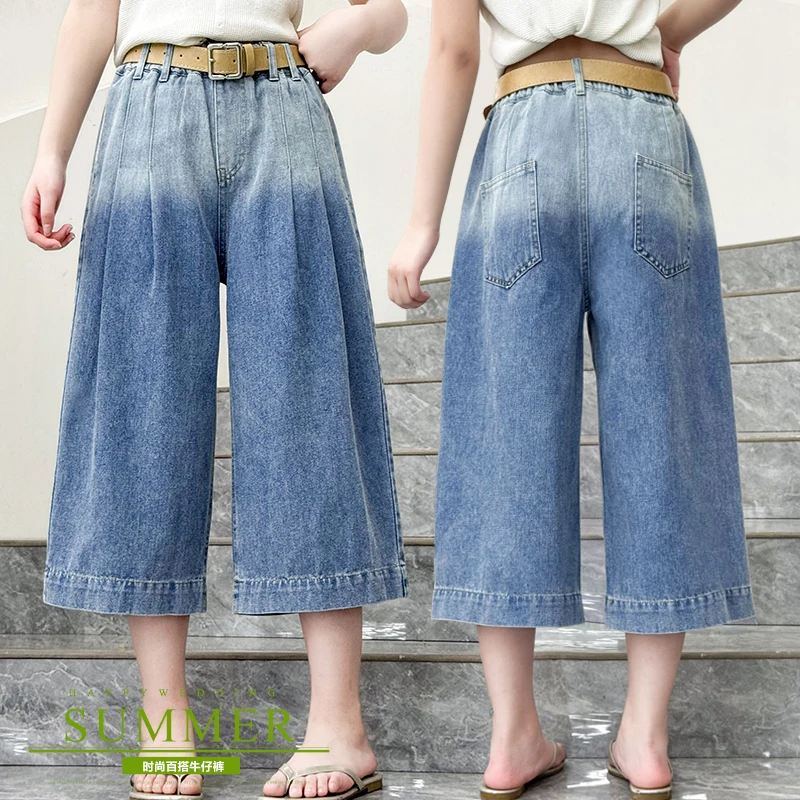 

Kids Child Summer Wide Leg Design High Street Y2K Gradient Cropped Jeans with Belt for Girl Hip Hop Loose Fit Denim Capris Pants