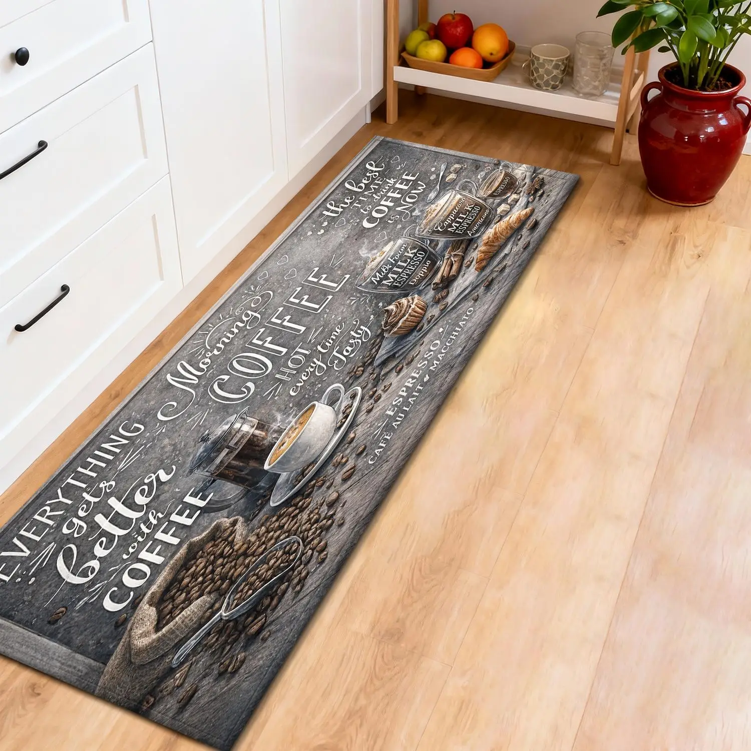 Rustic Wood Plank Kitchen Runner Mat White Daisy Orange Flower Butterfly Print Non Slip Washable Long Floor Rug for  Decor