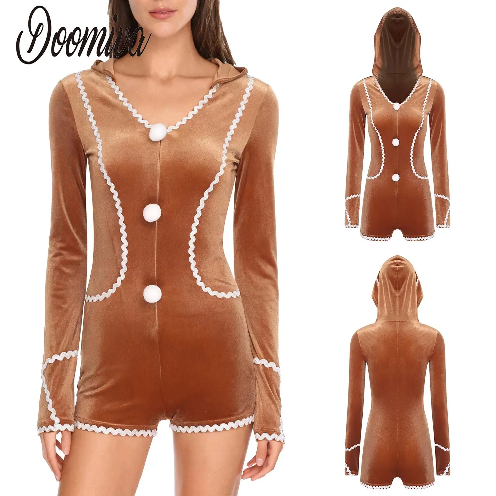 

Women Christmas Gingerbread Man Costume Dance Dresses Long Sleeve Hooded Pompom Leotards Jumpsuit for Theme Party Clubwear